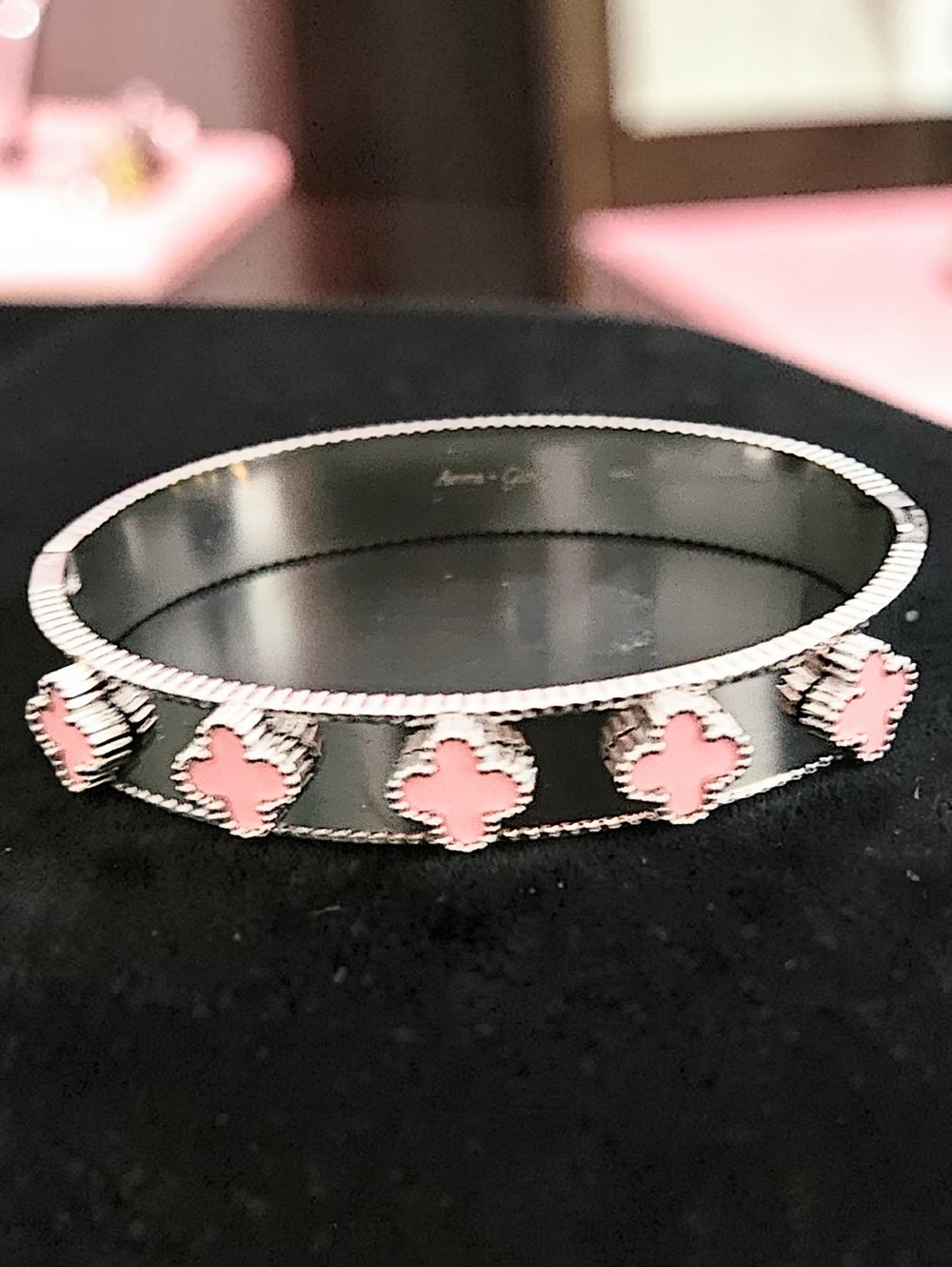 PINK CLOVER BANGLE CUFF BRACELET STAINLESS STEEL  SIZE 5.5 - 6